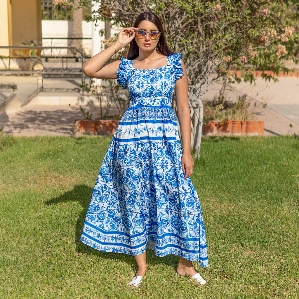 La Reine Blue Majolica Floral Ruffle Maxi Dress