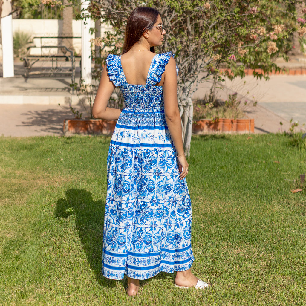 La Reine Blue Majolica Floral Ruffle Maxi Dress