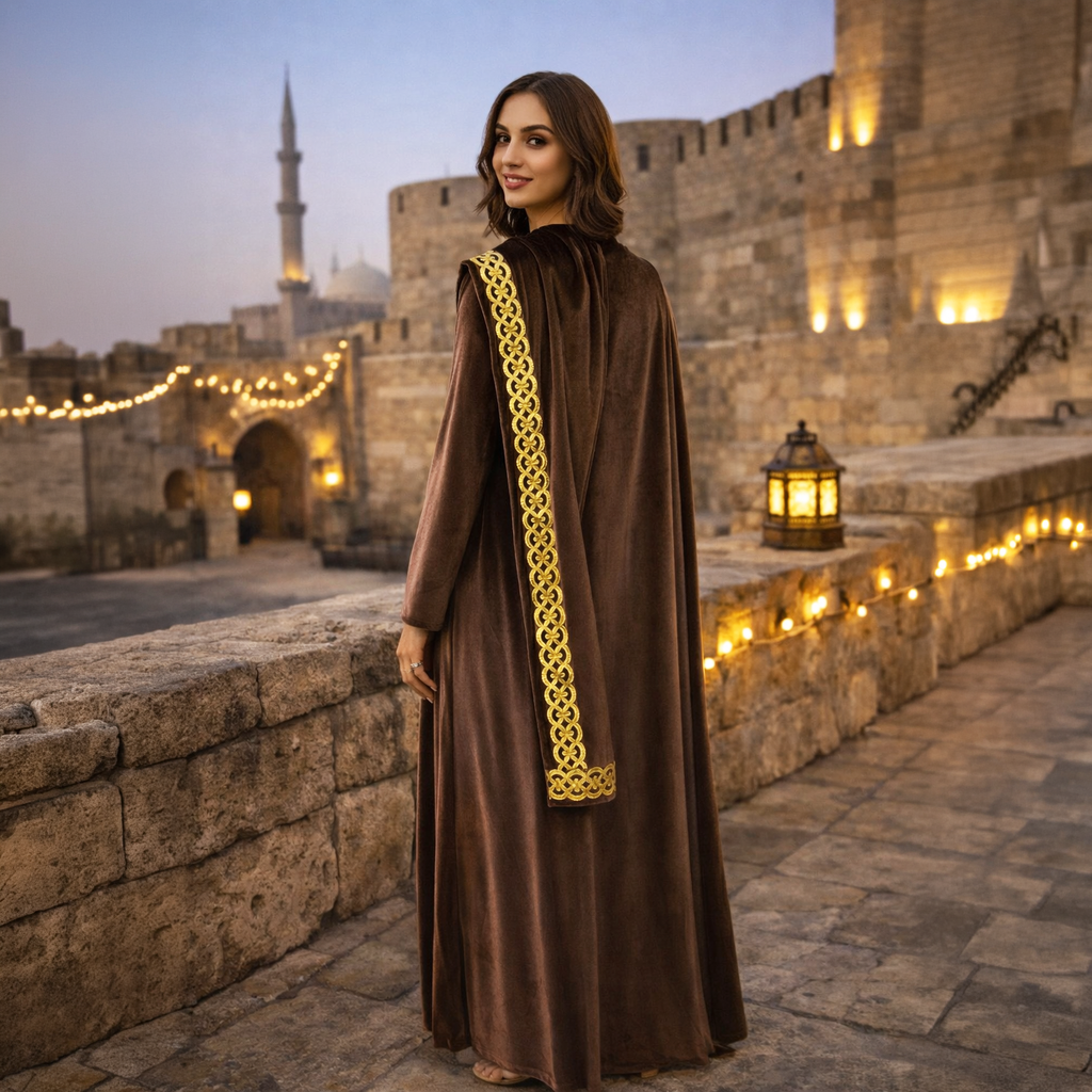 La Reine Brown Velvet Shawled Kaftan with Metallic Celtic Embroidery