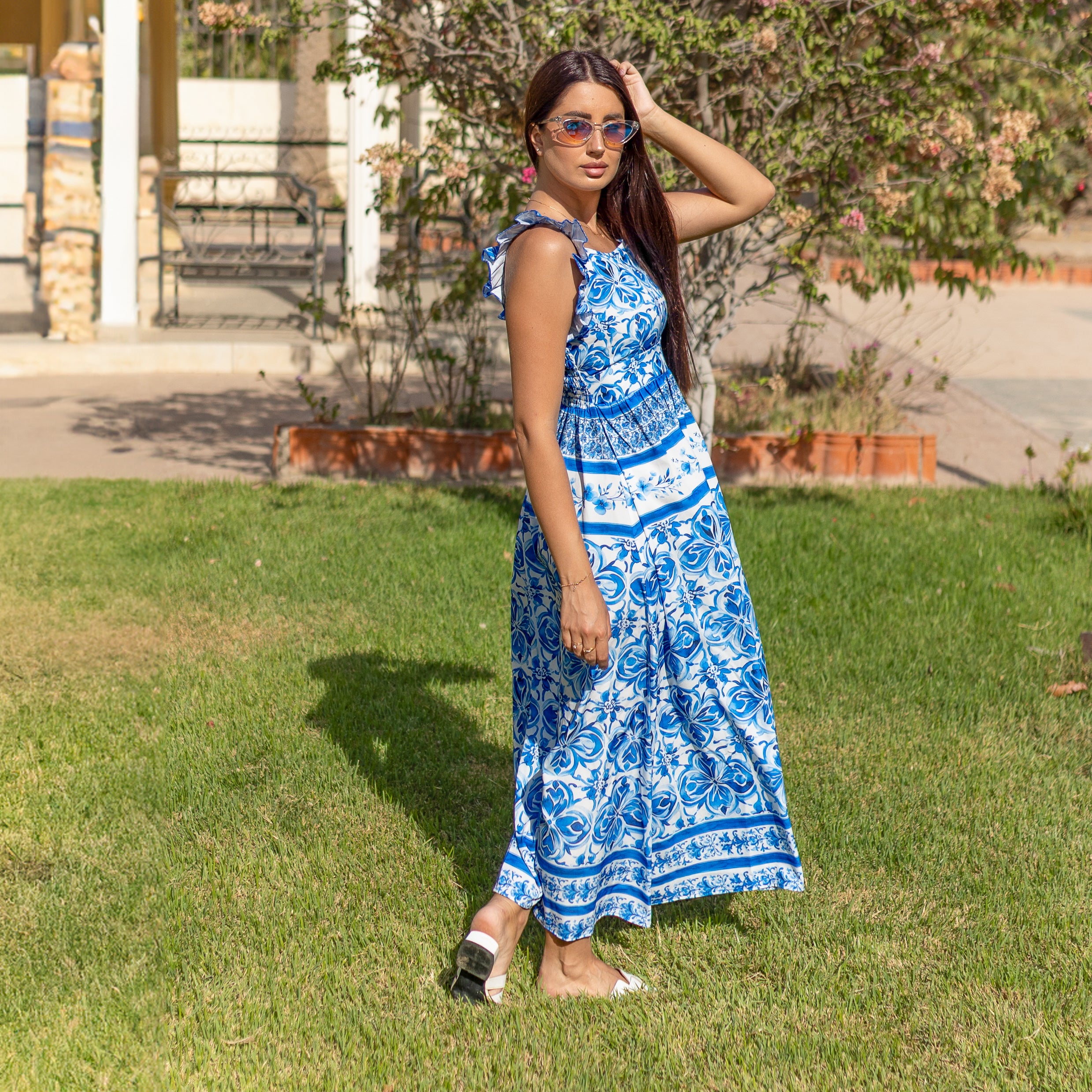 La Reine Blue Majolica Floral Ruffle Maxi Dress