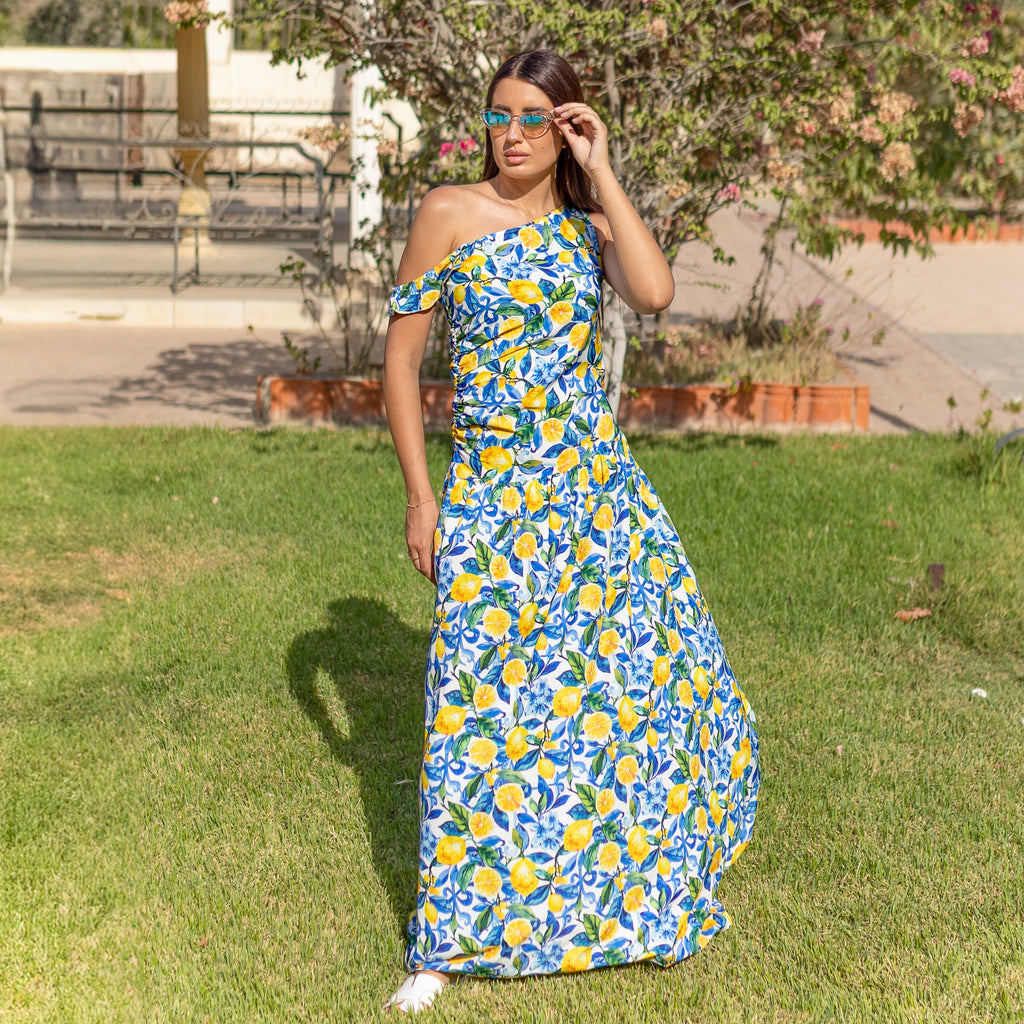 La Reine Itialian Lemon Sleeveless Floral Maxi Dress