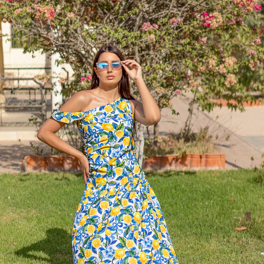 La Reine Itialian Lemon Sleeveless Floral Maxi Dress