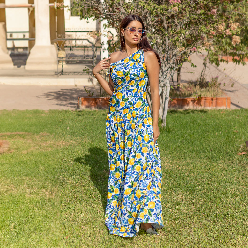 La Reine Itialian Lemon Sleeveless Floral Maxi Dress