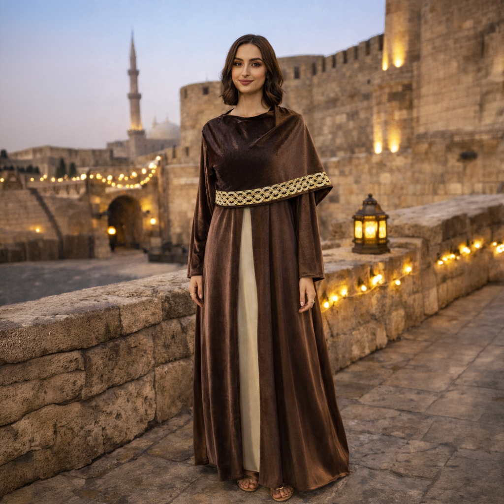 La Reine Brown Velvet Shawled Kaftan with Metallic Celtic Embroidery