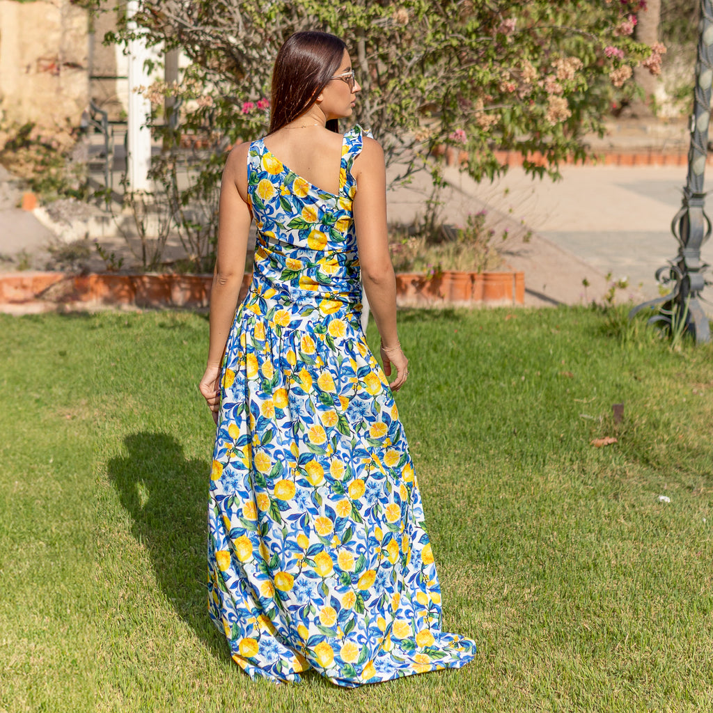 La Reine Itialian Lemon Sleeveless Floral Maxi Dress