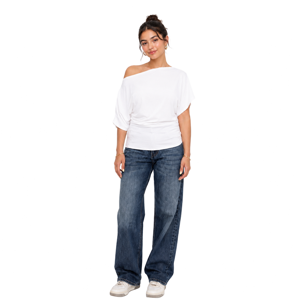La Reine White Off Shoulder Basic Short Sleeve