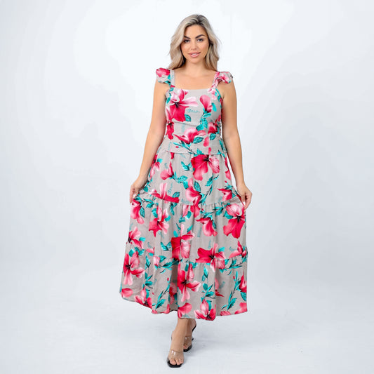 La Reine Floral Linen Set Ruffle Trim Crop Top & Layered Ruffle Hem Skirt Twilight
