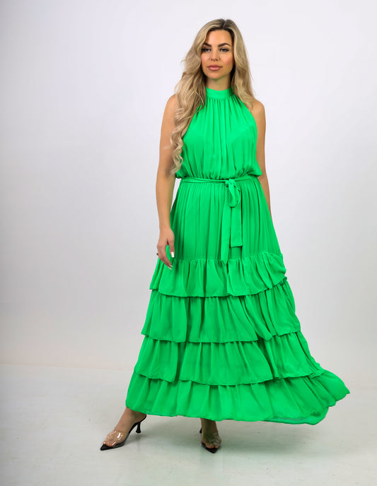 الشيفون الرسن فستان أخضر طويل 