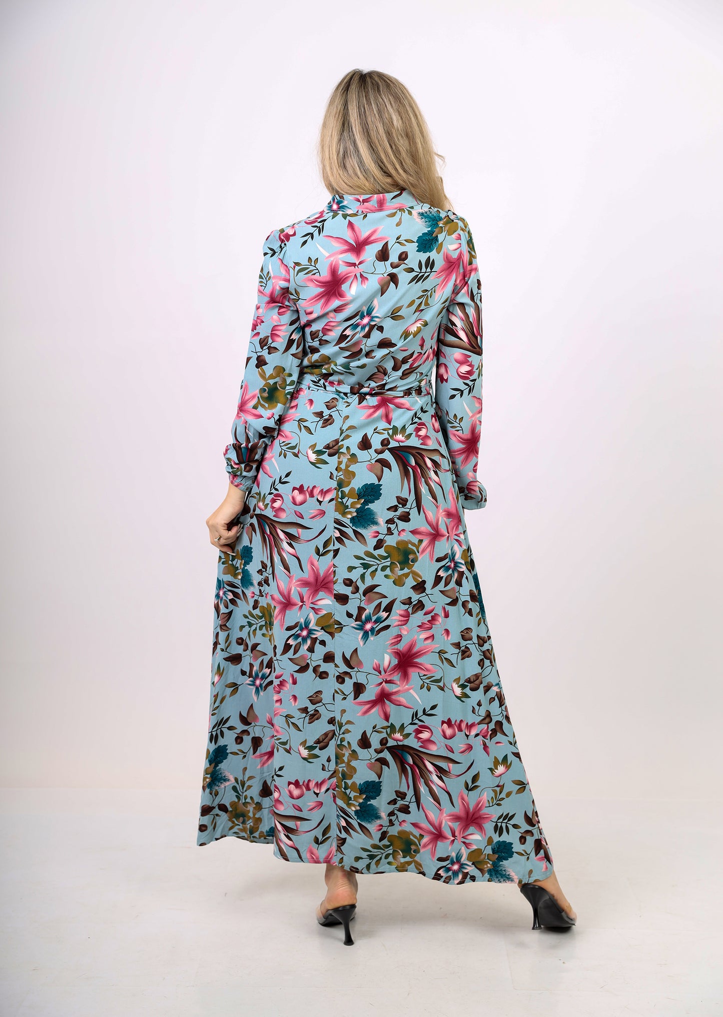La Reine Floral Lantern Sleeve Front Button Maxi Dress