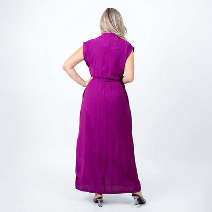 La Reine Linen Sleeveless Button Front Long Dress Purple