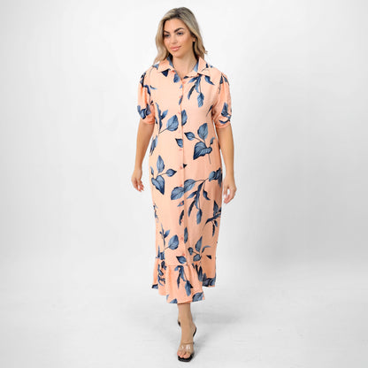 La Reine Floral Print Ruffle Hem Bubble Sleeve Dress With Belt