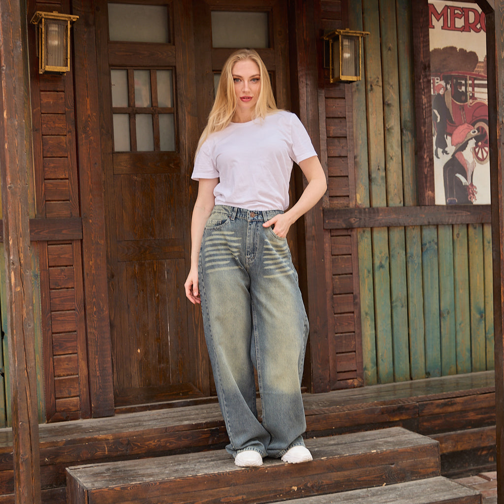 La Reine Vintage Washed Wide-Leg Denim Jeans Pants