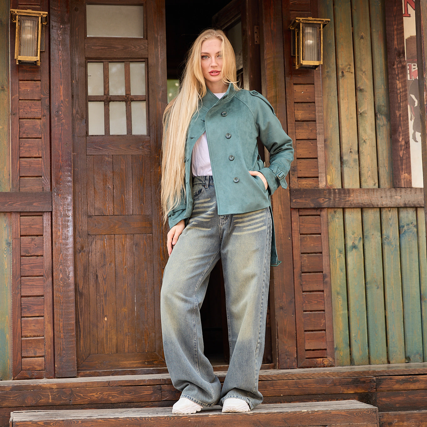 La Reine Teal/Aqua High Collar Suede Double-Breasted Short Coat with Belted Waist