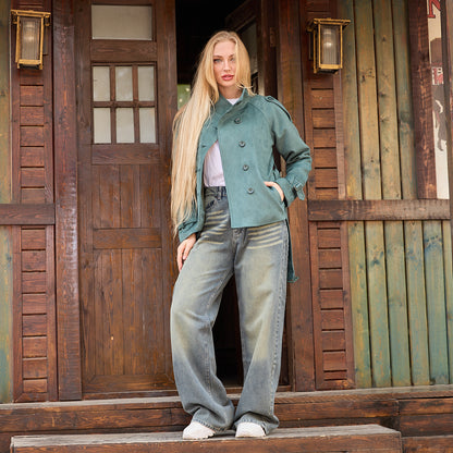 La Reine Teal/Aqua High Collar Suede Double-Breasted Short Coat with Belted Waist