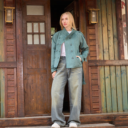 La Reine Teal/Aqua High Collar Suede Double-Breasted Short Coat with Belted Waist