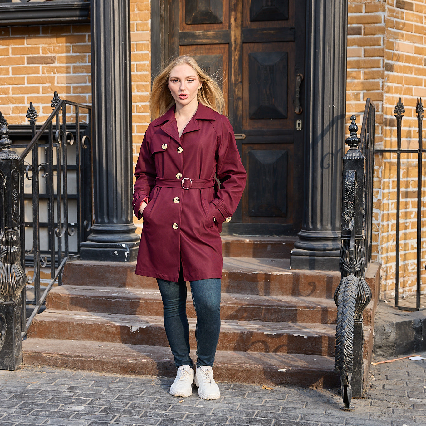 La Reine Burgundy Belted Trench Coat