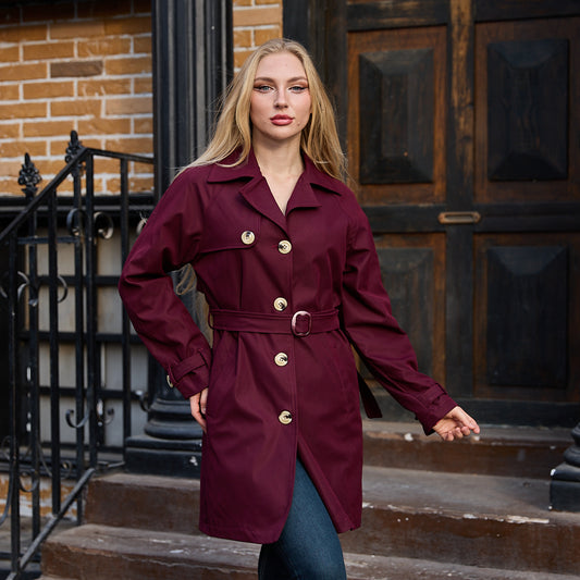 La Reine Burgundy Belted Trench Coat