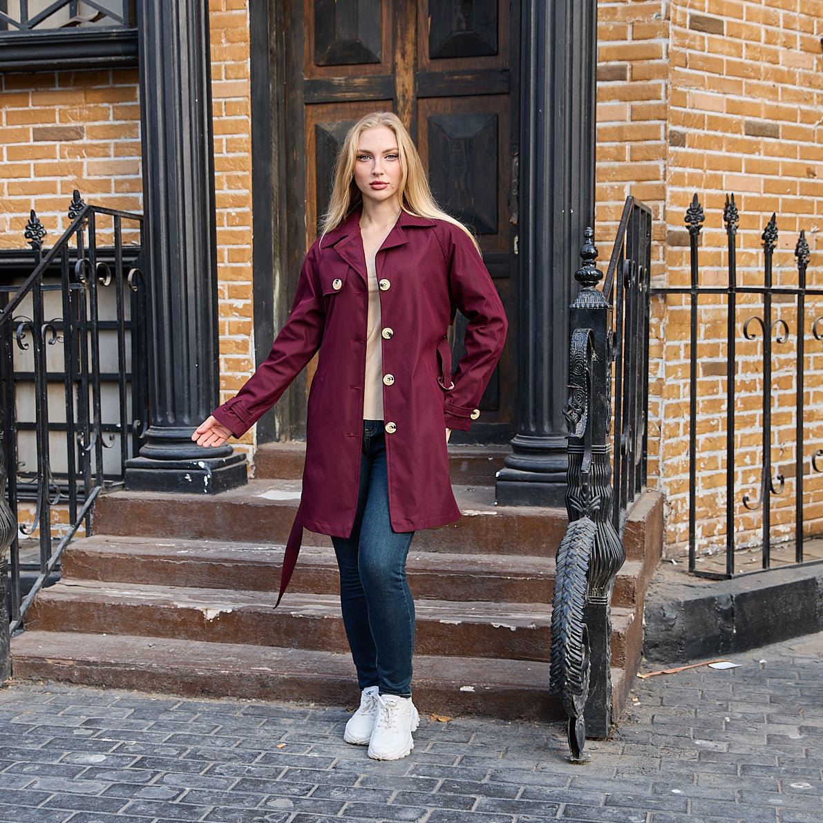 La Reine Burgundy Belted Trench Coat