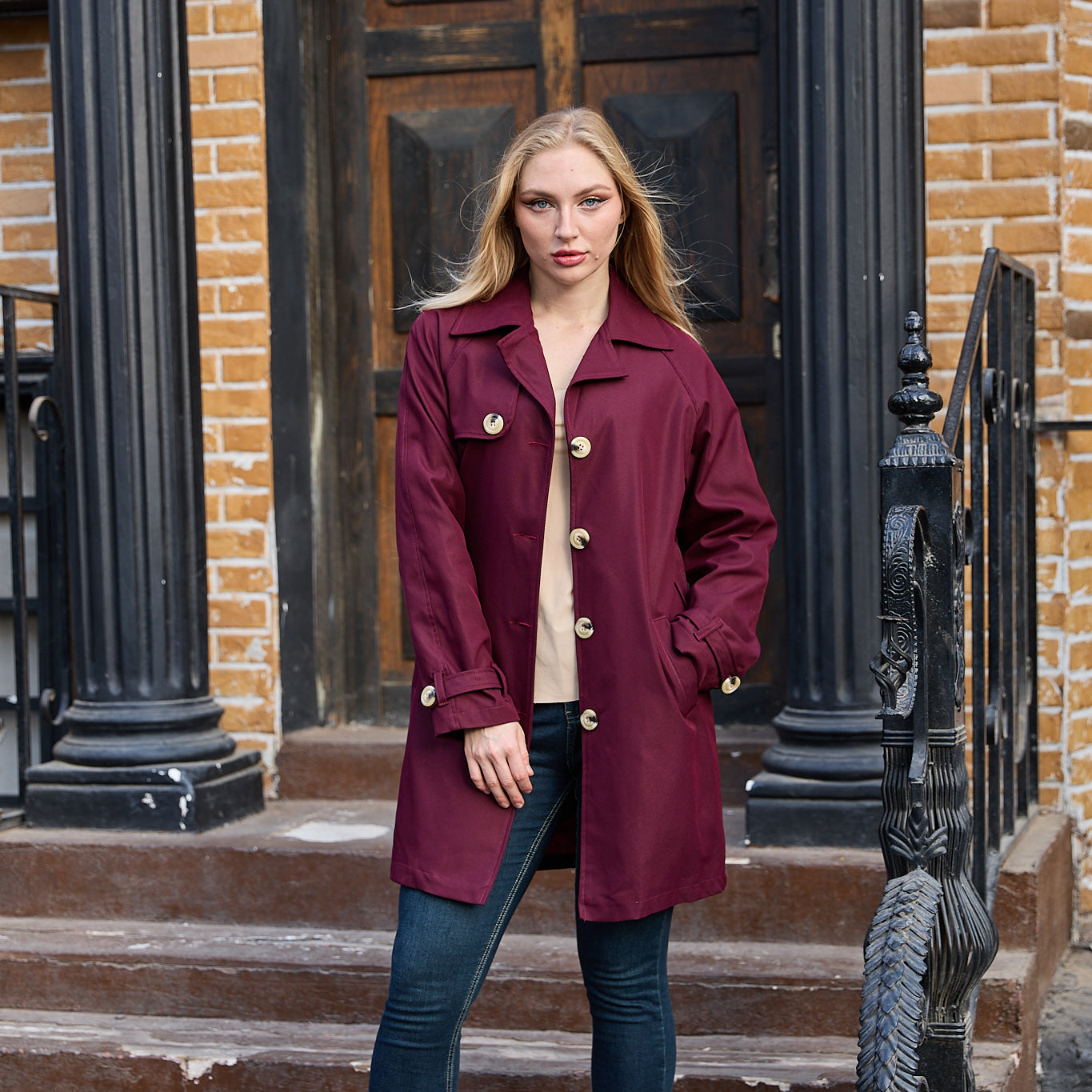 La Reine Burgundy Belted Trench Coat