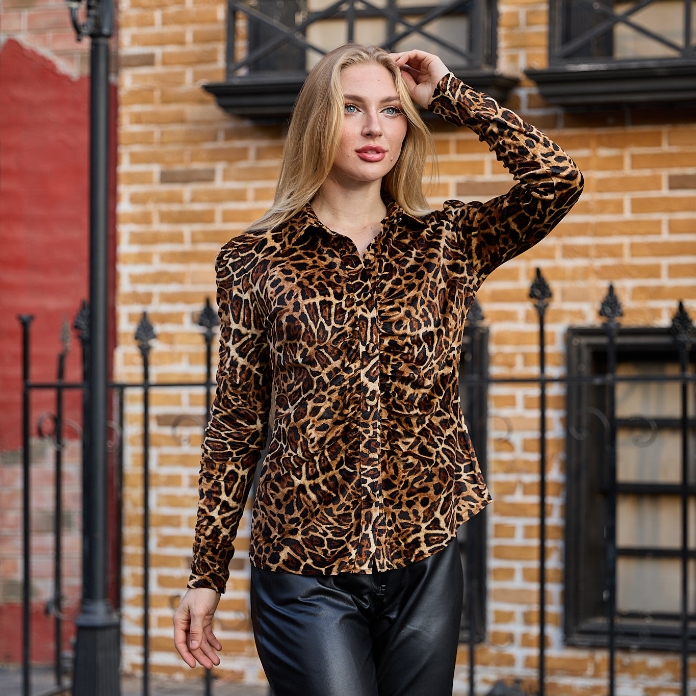 La Reine Leopard Long Sleeve Front Button Velvet Blouse