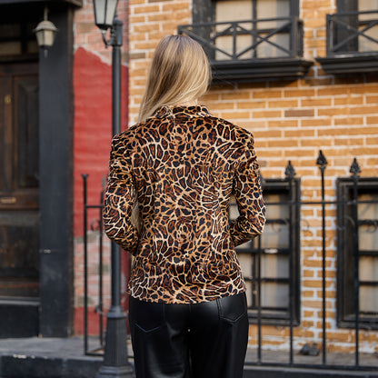 La Reine Leopard Long Sleeve Front Button Velvet Blouse