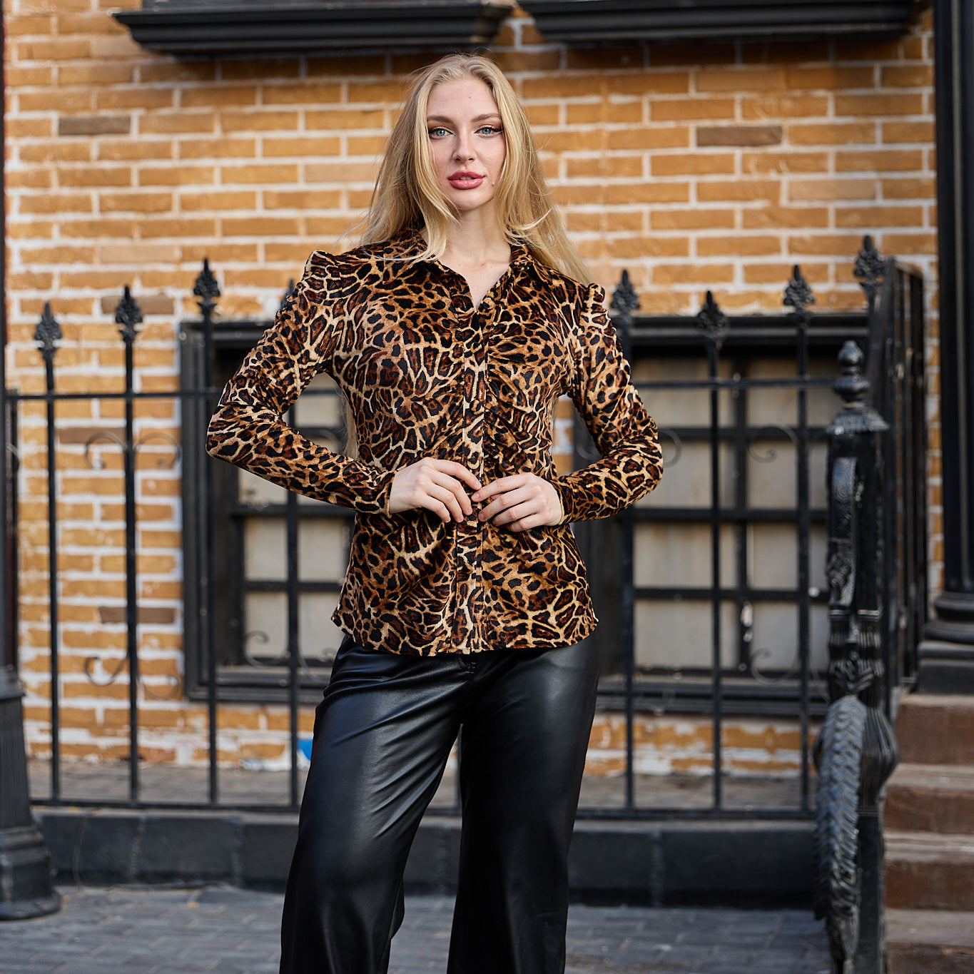 La Reine Leopard Long Sleeve Front Button Velvet Blouse