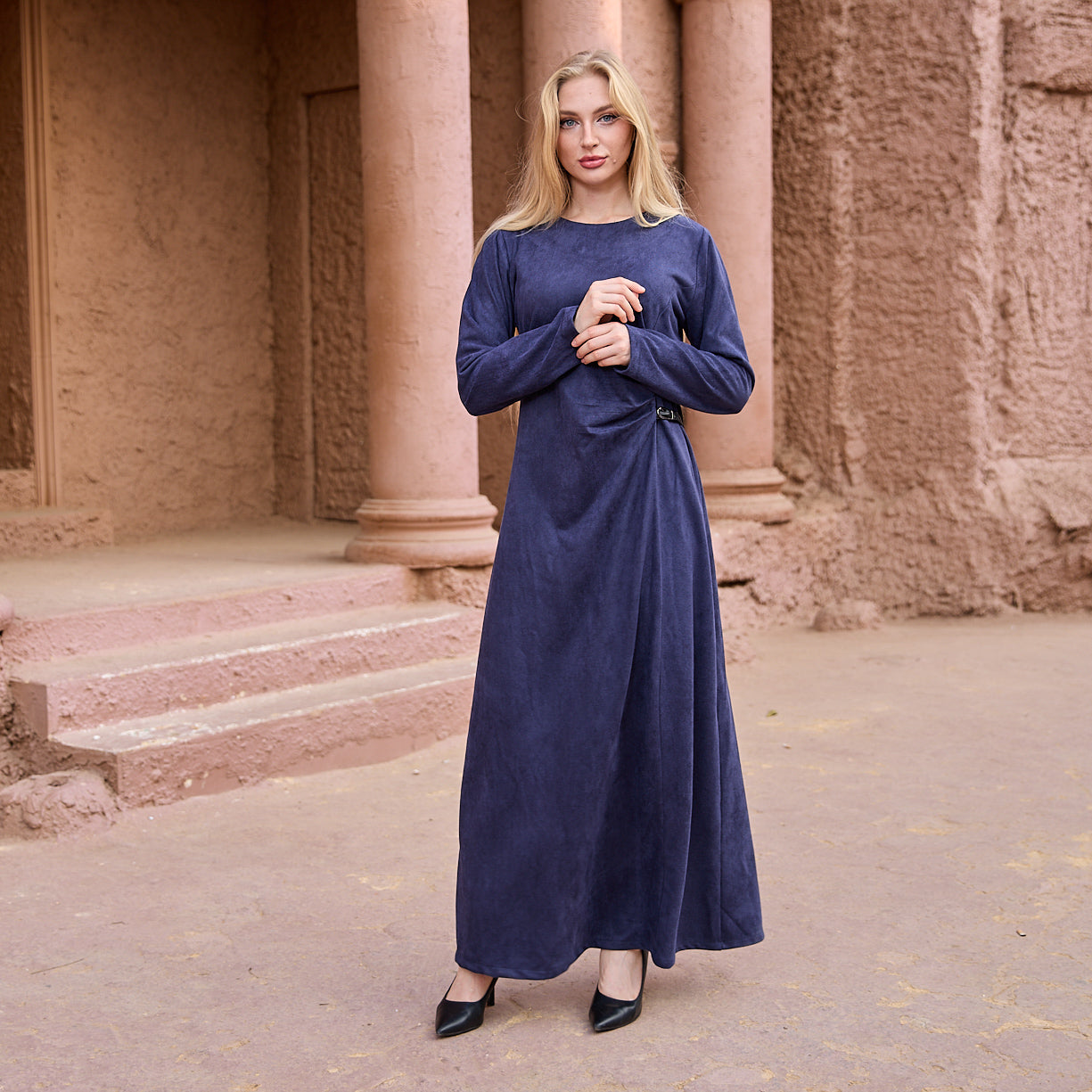 La Reine Navy Blue Modest Maxi Suede Dress with Cinched Detail