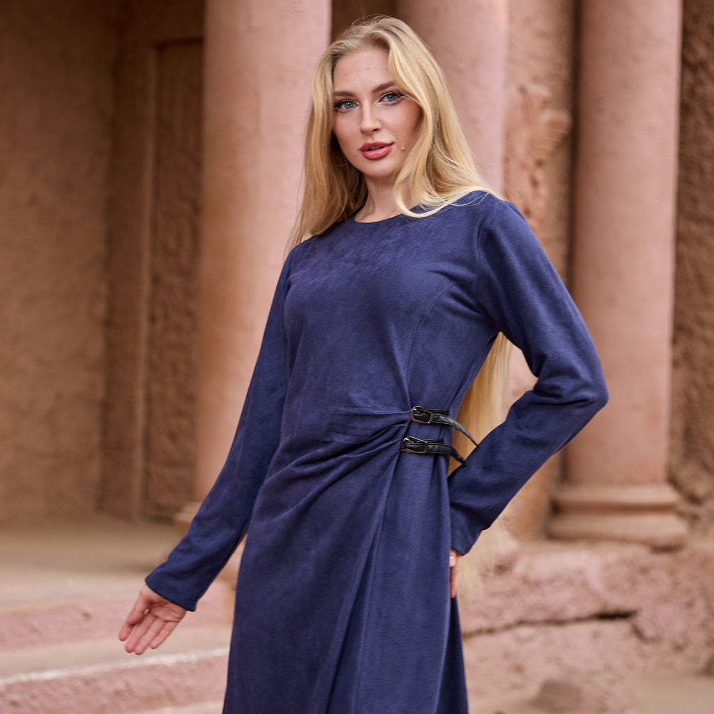 La Reine Navy Blue Modest Maxi Suede Dress with Cinched Detail