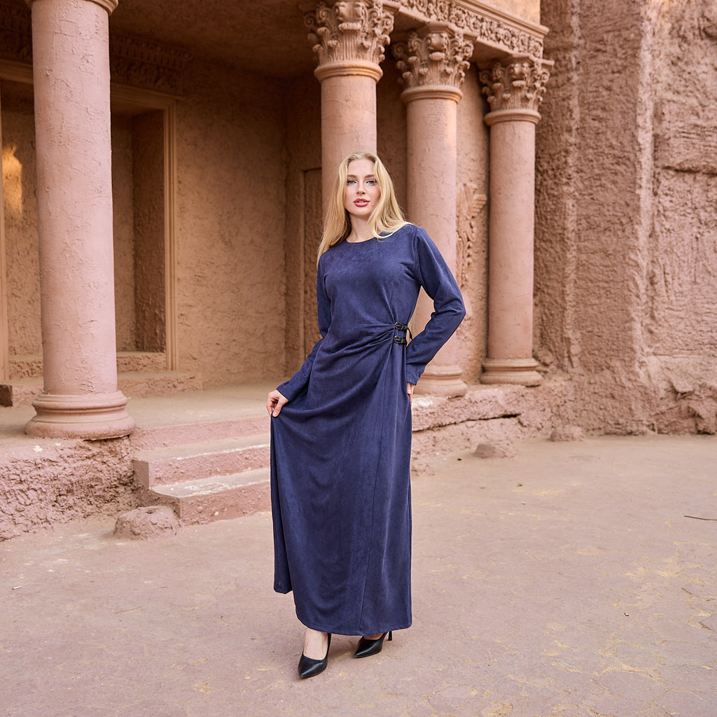 La Reine Navy Blue Modest Maxi Suede Dress with Cinched Detail