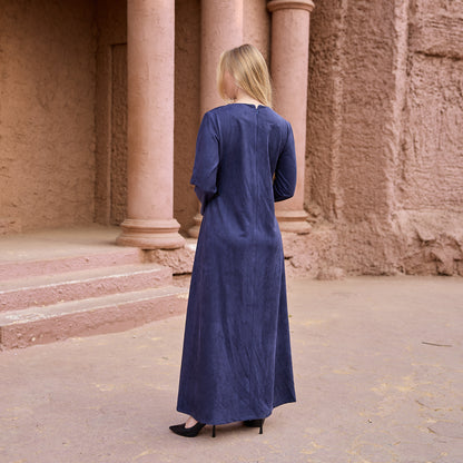 La Reine Navy Blue Modest Maxi Suede Dress with Cinched Detail