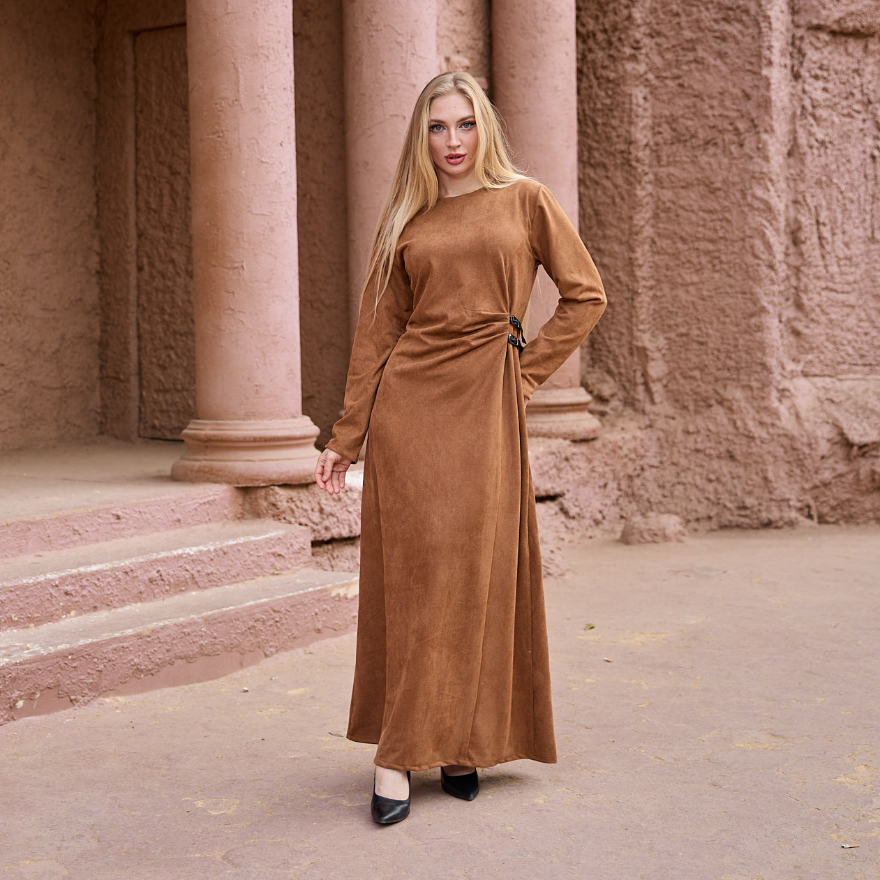 La Reine Camel Brown Modest Maxi Suede Dress with Cinched Detail