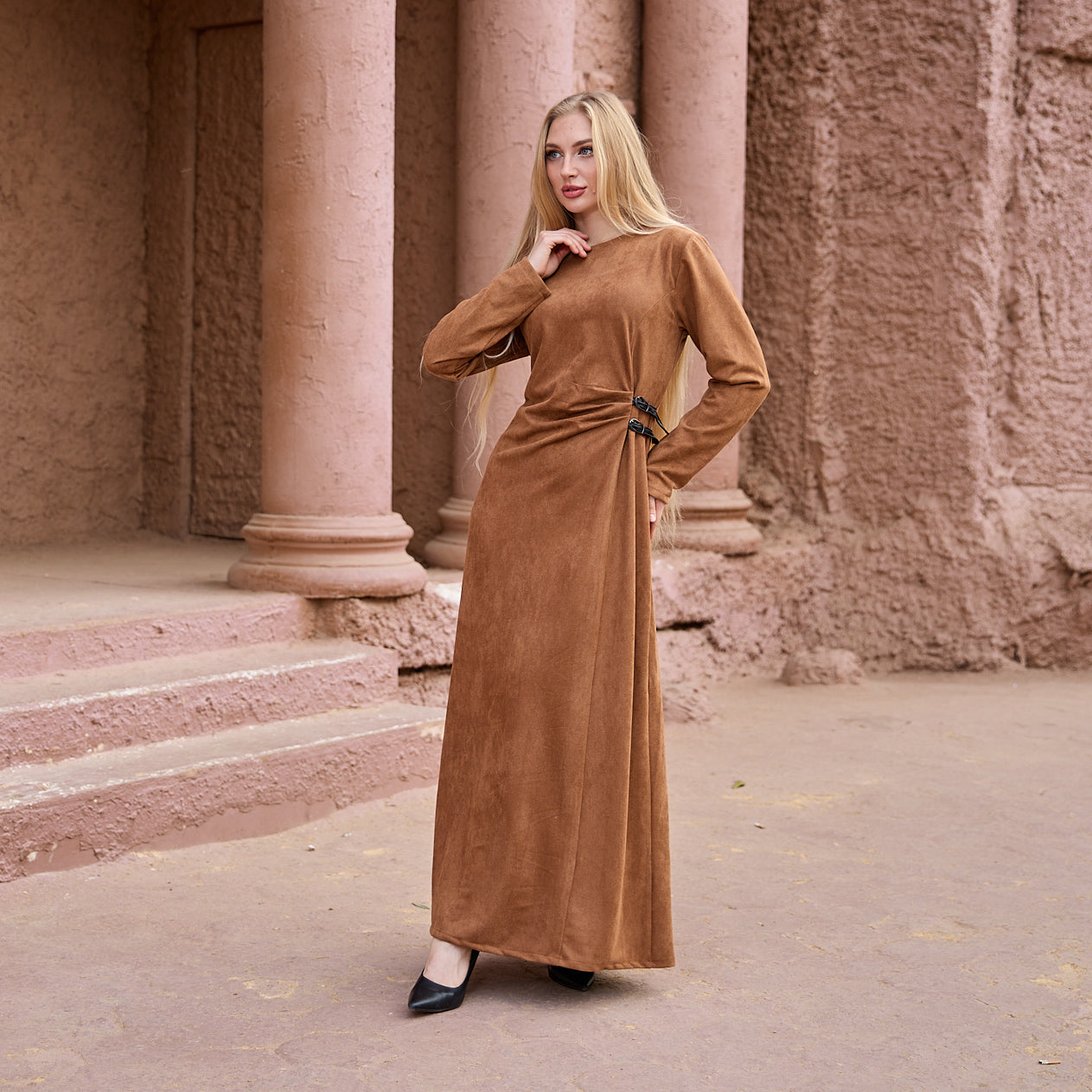 La Reine Camel Brown Modest Maxi Suede Dress with Cinched Detail