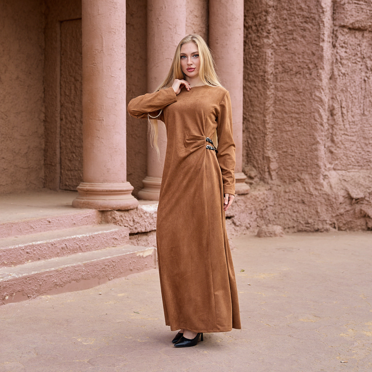 La Reine Camel Brown Modest Maxi Suede Dress with Cinched Detail