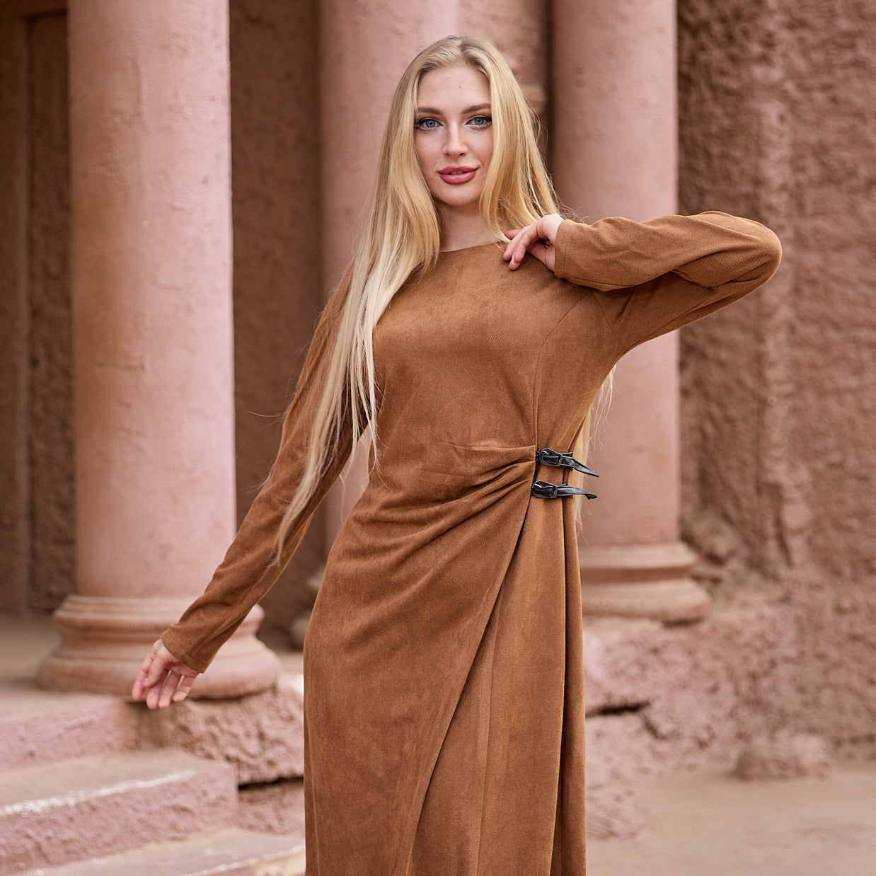 La Reine Camel Brown Modest Maxi Suede Dress with Cinched Detail