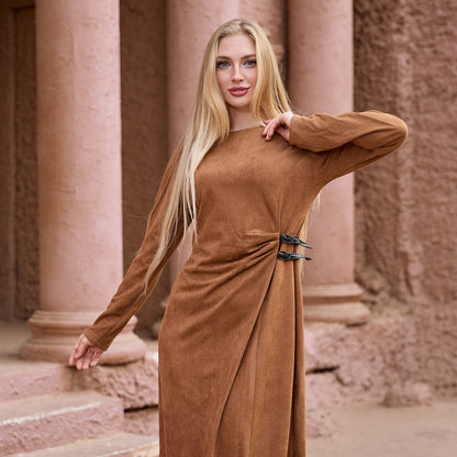 La Reine Camel Brown Modest Maxi Suede Dress with Cinched Detail
