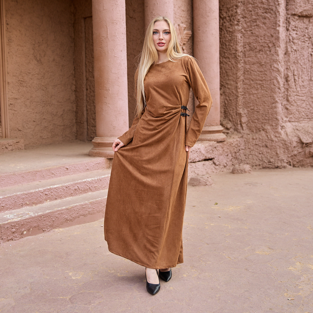 La Reine Camel Brown Modest Maxi Suede Dress with Cinched Detail