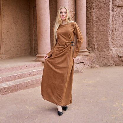 La Reine Camel Brown Modest Maxi Suede Dress with Cinched Detail