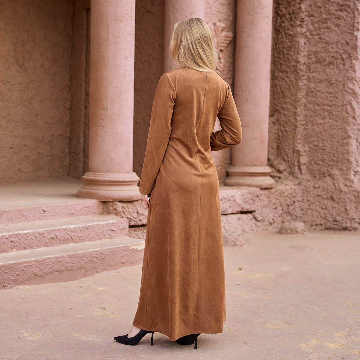 La Reine Camel Brown Modest Maxi Suede Dress with Cinched Detail