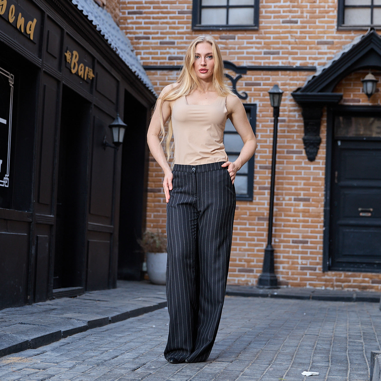 La Reine Classic Striped Black Straight Leg Pants