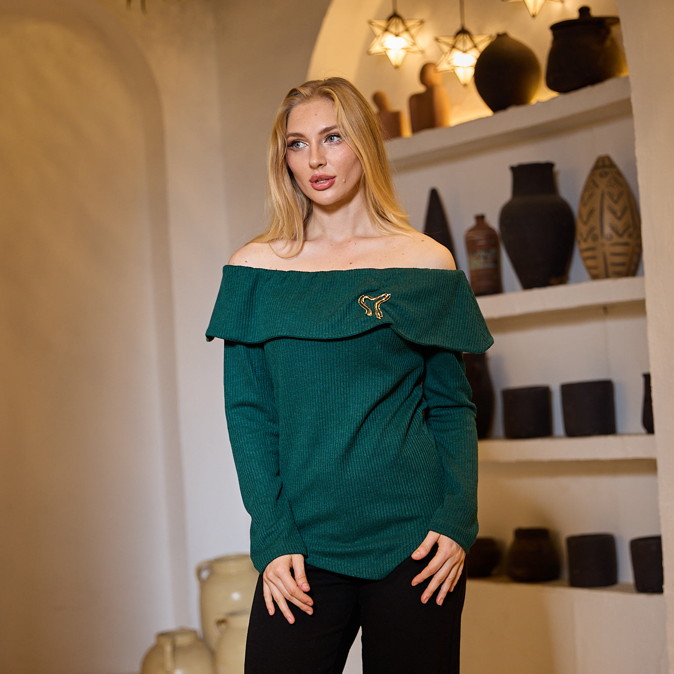 La Reine Green Off-Shoulder Long Sleeve with Accessory