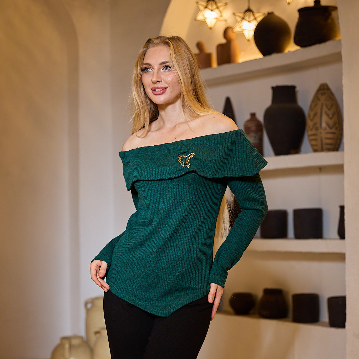 La Reine Green Off-Shoulder Long Sleeve with Accessory