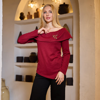 La Reine Burgundy Off-Shoulder Long Sleeve with Accessory