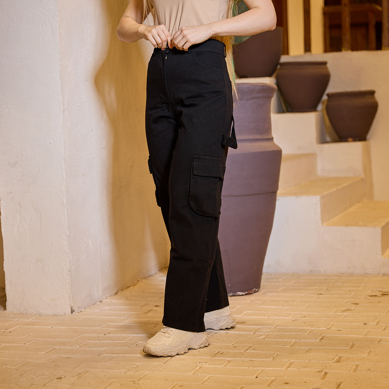 La Reine Black Cargo Gabardine Pants