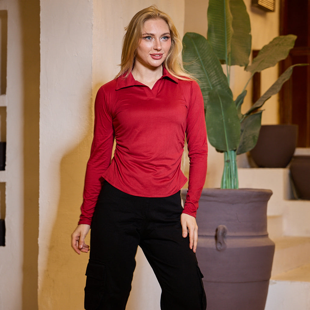 La Reine Burgundy Long Sleeve Polo Top