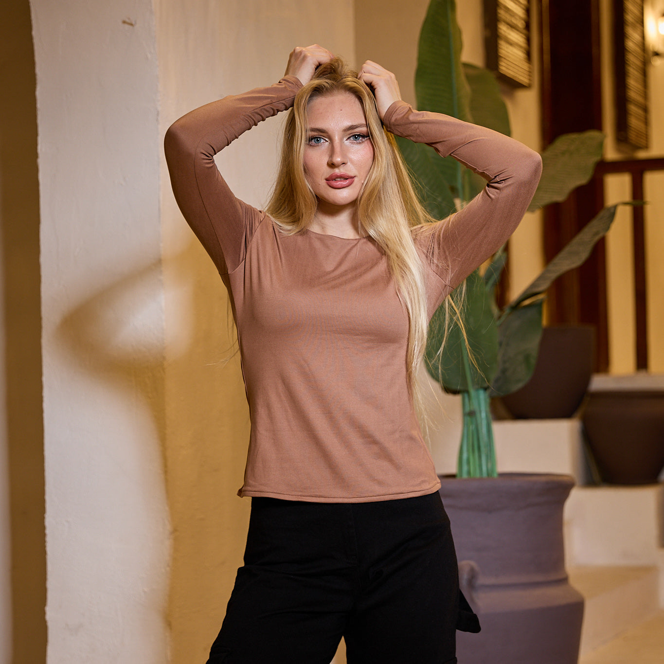 La Reine Round Neck Basic Brown Long Sleeve