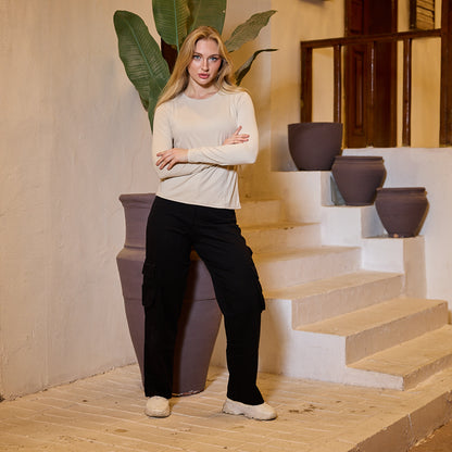 La Reine Round Neck Beige Long Sleeve Basic Top