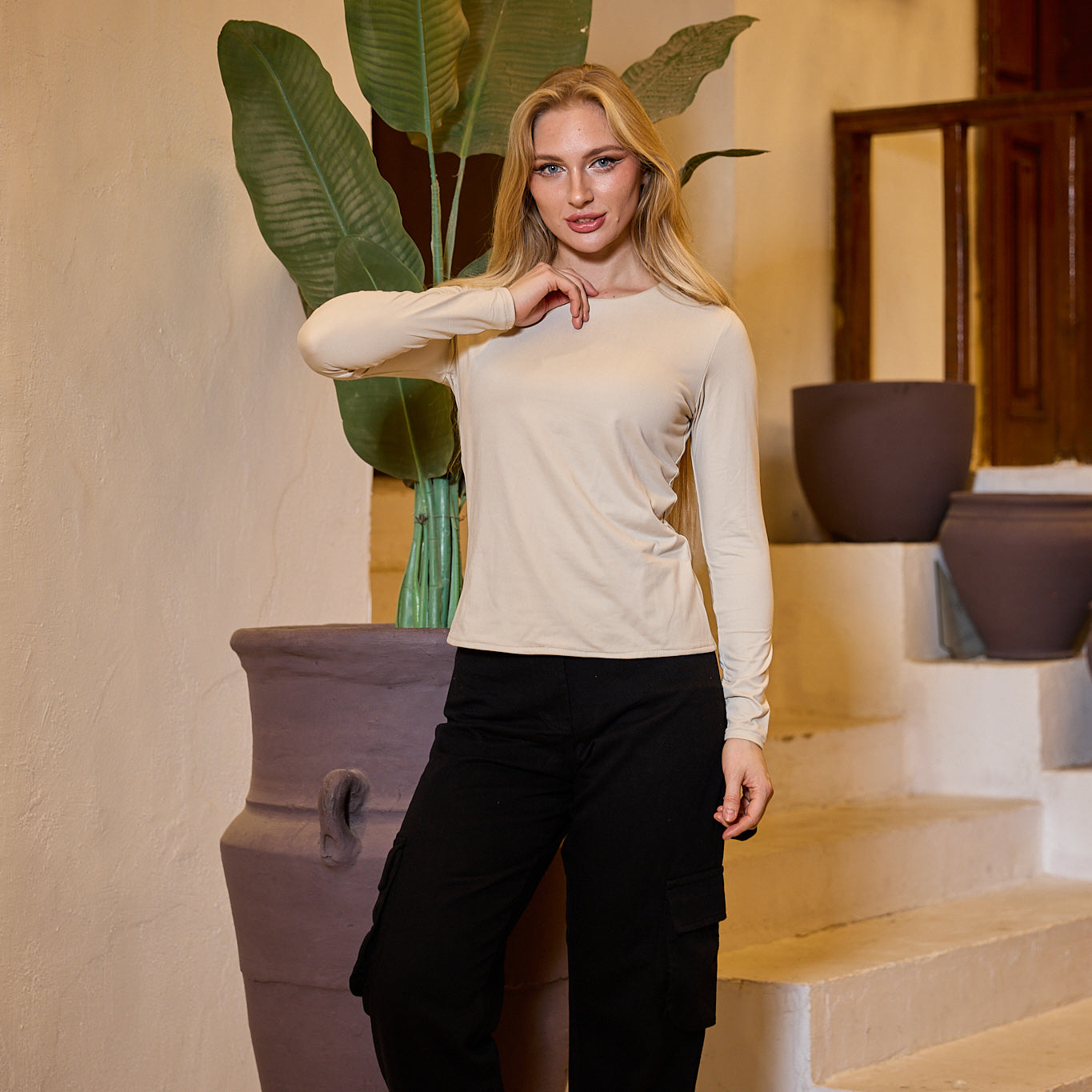 La Reine Round Neck Beige Long Sleeve Basic Top
