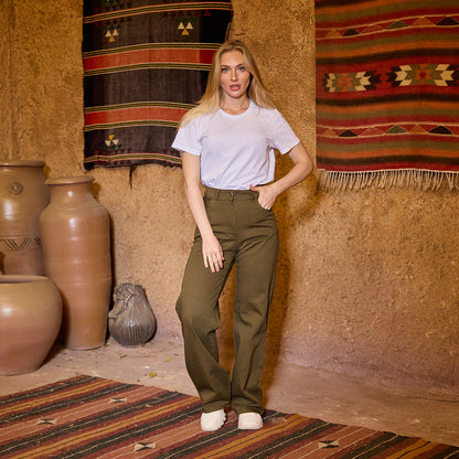 La Reine Olive Straight Leg Women's Gabardine Pants