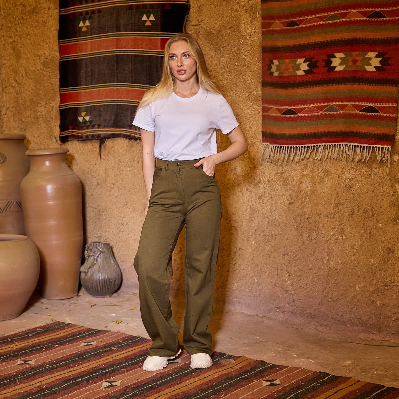 La Reine Olive Straight Leg Women's Gabardine Pants