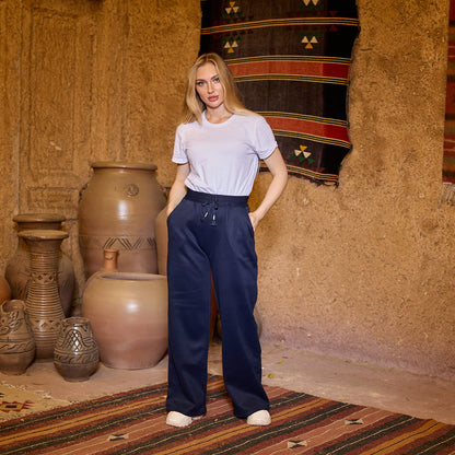 La Reine Blue Black Relaxed Fit Wide-Leg Jogger Pants